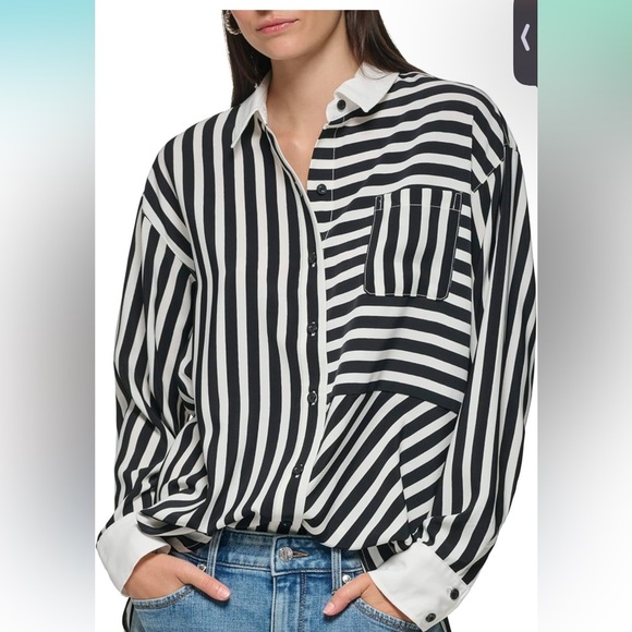 NWT Karl Lagerfeld Striped Black and White Women's Top button down size XL - Picture 1 of 4